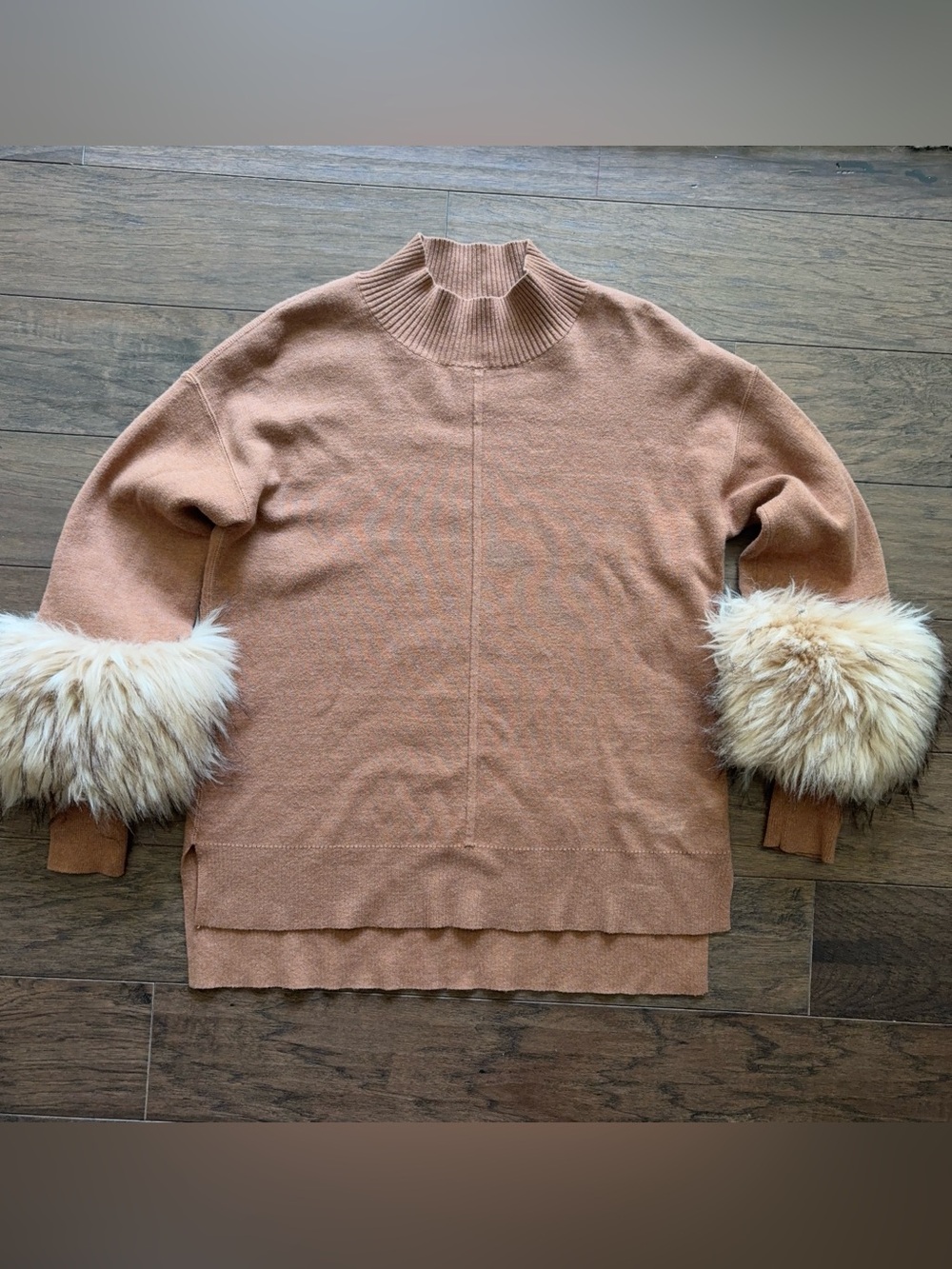 Women’s OST Chestnut Brown Mock Neck Sweater with Faux Fur Cuffs size XS
